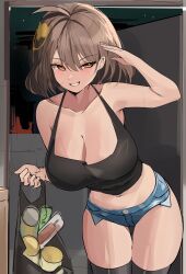 Rule 34 | 1girl, absurdres, anis (nikke), bag, black shirt, black thighhighs, blue shorts, blush, breasts, brown eyes, brown hair, cleavage, collarbone, crop top, goddess of victory: nikke, grin, grocery bag, hair ornament, highres, holding, holding bag, large breasts, leaning forward, navel, plastic bag, shirt, shoge, shopping bag, short hair, short shorts, shorts, smile, solo, somyo (s0my0), thigh gap, thighhighs, unfinished