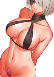 Rule 34 | 1girl, akusema, arms behind back, bad id, bad pixiv id, bare shoulders, bikini, black bikini, black blindfold, blindfold, bottomless, breasts, collarbone, groin, halterneck, highres, mole, mole under mouth, navel, nier:automata, nier (series), pasties, short hair, silver hair, simple background, solo, stomach, swimsuit, toned, white background, 2b (nier:automata)