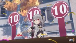 Rule 34 | 1girl, breasts, building, closed mouth, confetti, covered navel, earrings, grey hair, hair between eyes, hand on table, highres, honkai (series), honkai impact 3rd, jacket, jewelry, logo, medium breasts, midriff, official art, official wallpaper, open clothes, open jacket, outdoors, prometheus (honkai impact), red button, red eyes, small breasts, solo, tree, v-shaped eyebrows, window