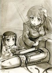 Rule 34 | 00s, 2girls, bad id, bad pixiv id, charlotte e. yeager, dated, francesca lucchini, kisetsu, monochrome, multiple girls, sepia, sketch, strike witches, traditional media, world witches series