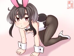 Rule 34 | 1girl, all fours, animal ears, bare shoulders, black hair, black pantyhose, blush, bow, bowtie, brown eyes, covered navel, detached collar, fake animal ears, gradient background, high heels, kanon (kurogane knights), kantai collection, leotard, looking at viewer, one-hour drawing challenge, pantyhose, pink background, playboy bunny, rabbit ears, rabbit tail, shadow, short hair, short hair with long locks, solo, strapless, strapless leotard, tail, tokitsukaze (kancolle), traditional bowtie, white footwear, white leotard, wrist cuffs