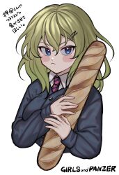 Rule 34 | 1girl, baguette, bc freedom school uniform, blonde hair, blue eyes, blue sweater, blush, bread, closed mouth, commentary request, copyright name, dress shirt, food, girls und panzer, hair between eyes, hair ornament, hairpin, highres, holding, long sleeves, looking at viewer, machishita atake, medium hair, necktie, oshida (girls und panzer), pout, school uniform, shirt, simple background, solo, striped necktie, sweater, white background, white shirt