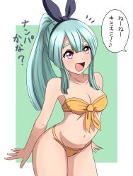 Rule 34 | 1girl, aqua hair, bare shoulders, biisuupaa, bikini, black hairband, breasts, cleavage, commentary request, dot nose, female focus, front-tie bikini top, front-tie top, hairband, highres, leaning forward, musical note, navel, open mouth, original, ponytail, purple eyes, small breasts, smile, solo, standing, strapless, strapless bikini, swimsuit, thick eyebrows, translation request, yellow bikini