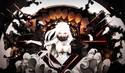 Rule 34 | 10s, 1girl, abyssal ship, akai kitsune, bad id, bad pixiv id, black nails, breasts, cleavage, colored skin, covered mouth, dress, eyelashes, hand on own chest, horns, kantai collection, large breasts, long hair, machinery, midway princess, nail polish, pale skin, red eyes, saliva, solo, teeth, turret, very long hair, white dress, white hair, white skin