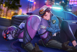 Rule 34 | 2girls, all fours, anus, arms behind back, ass, bent over, black pants, blouse, blue necktie, blue shirt, bodysuit, breasts, brown eyes, brown hair, car, censored, city, clenched teeth, clitoral stimulation, colored skin, commentary, d.va (overwatch), english commentary, exlic, fingering, gloves, has uncensored version, high heels, long hair, medium breasts, mosaic censoring, motor vehicle, multiple girls, necktie, night, officer d.va, one eye closed, orange eyes, outdoors, overwatch, overwatch 1, pants, patreon username, police, police car, police uniform, ponytail, purple hair, purple skin, pussy, pussy juice, saliva, saliva trail, shirt, sitting, teeth, torn bodysuit, torn clothes, trembling, uniform, white gloves, widowmaker (overwatch), yuri