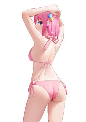 Rule 34 | 1girl, @ @, absurdres, armpits, arms behind head, arms up, ass, back, bikini, blue eyes, bocchi the rock!, breasts, chinese commentary, closed mouth, cube hair ornament, from behind, gotoh hitori, hair ornament, hair over shoulder, halterneck, highres, large breasts, liwen520, long hair, looking back, pink bikini, pink hair, raised eyebrows, side-tie bikini bottom, side ahoge, simple background, solo, swimsuit, tears, wavy mouth, white background