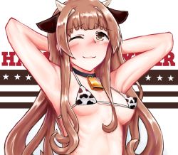 Rule 34 | 1girl, animal ears, arms behind head, bell, bikini, blunt bangs, breasts, brown eyes, brown hair, commentary request, cow ears, cow horns, cowbell, embarrassed, facing viewer, fake animal ears, fake horns, happy new year, helena (kancolle), highres, horns, kantai collection, long hair, medium breasts, micro bikini, new year, owada (kousonhuchi), solo, star (symbol), swimsuit, upper body, white bikini