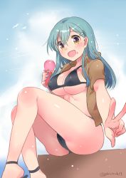 Rule 34 | 10s, 1girl, aqua hair, bikini, blush, breasts, brown eyes, cleavage, covered erect nipples, female focus, food, gradient background, ice cream, ichihaya, kantai collection, large breasts, long hair, looking at viewer, open mouth, sitting, smile, solo, suzuya (kancolle), swimsuit, v