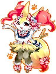 Rule 34 | 1girl, animal ear fluff, animal ears, animal feet, animal hands, animal nose, arm at side, arm up, black fur, blush, blush stickers, body fur, bow, bowtie, braixen, capelet, clothed pokemon, creatures (company), fang, female focus, flower, fox ears, fox girl, fox tail, frilled socks, frills, full body, furry, furry female, game freak, gem, gen 6 pokemon, hair bow, happy, highres, knees together feet apart, light blush, looking at viewer, mofu (moffuri sippo), multicolored fur, nintendo, open mouth, orange outline, outline, outstretched arm, paw print, pigeon-toed, pokemon, pokemon (creature), red bow, red eyes, red gemstone, red shirt, red socks, rose, shirt, simple background, skin fang, smile, socks, solo, standing, stick, striped bow, striped bowtie, striped clothes, tail, tail bow, tail ornament, toeless legwear, traditional media, white background, white capelet, white flower, white fur, white rose, wrist cuffs, yellow fur