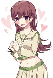 Rule 34 | 10s, 1girl, beige skirt, blush, brown hair, collarbone, drooling, heart, heart-shaped pupils, highres, kantai collection, kvlen, long hair, looking at viewer, midriff, navel, neckerchief, ooi (kancolle), open mouth, school uniform, serafuku, skirt, smile, solo, symbol-shaped pupils