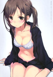 Rule 34 | 1girl, absurdres, amagai tarou, bare legs, barefoot, black jacket, blush, bra, breasts, brown eyes, brown hair, cleavage, closed mouth, collarbone, highres, hood, hoodie, jacket, large breasts, long sleeves, looking at viewer, navel, non-web source, open clothes, open jacket, original, simple background, sitting, sleeves past wrists, solo, stomach, sweat, twintails, underwear, unzipped, wariza, white bra