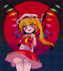 Rule 34 | 1girl, bad id, bad pixiv id, blonde hair, bloomers, ethyl, fangs, flandre scarlet, frilled shirt collar, frills, full moon, grin, hat, long hair, miniskirt, moon, petticoat, puffy short sleeves, puffy sleeves, red eyes, red moon, red skirt, red vest, shirt, short hair, short sleeves, side ponytail, skirt, skirt set, smile, solo, touhou, underwear, vest, white shirt, wind, wind lift, wings