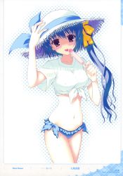 Rule 34 | 1girl, absurdres, adjusting clothes, adjusting headwear, bikini, bikini bottom only, blue hair, breasts, covered erect nipples, food, frills, front-tie top, hat, highres, large breasts, nanao naru, popsicle, purple eyes, shirt, side ponytail, solo, straw hat, sun hat, swimsuit, taut clothes, taut shirt, tied shirt, tongue