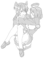Rule 34 | 10s, 2girls, arms around neck, bad id, bad pixiv id, blush, carrying, commentary request, dress, eye contact, eyepatch, fingerless gloves, gloves, greyscale, halo, kantai collection, loafers, looking at another, mechanical halo, monochrome, multiple girls, nathaniel pennel, princess carry, shoes, short hair, skirt, smile, tatsuta (kancolle), tenryuu (kancolle), thighhighs, thighs, yuri