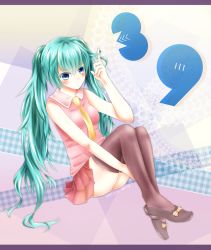 Rule 34 | 1girl, 39, aqua hair, bad id, bad pixiv id, blue eyes, twirling hair, hatsune miku, letterboxed, long hair, love flower emily, necktie, sitting, skirt, solo, thighhighs, twintails, vocaloid