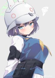 Rule 34 | 1girl, arms behind back, belt pouch, blue archive, blue eyes, blue hair, blush, breasts, commentary, grey background, hair between eyes, halo, helmet, ica, large breasts, looking at viewer, pouch, saki (blue archive), school uniform, short hair, simple background, solo