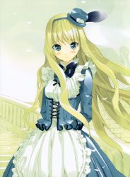 Rule 34 | 1girl, alice (alice in wonderland), alice in wonderland, apron, arms behind back, blonde hair, blush, corset, dress, feathers, frills, green eyes, hat, highres, long hair, looking at viewer, ribbon, smile, solo, stairs, ueda ryou, victorian, wind