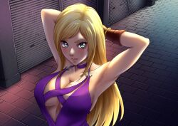 1girl absurdres armpits arms_behind_head blonde_hair blue_eyes bracelet breasts choker cleavage collarbone dress fatal_fury garou:_mark_of_the_wolves gloves highres jenet_behrn jewelry large_breasts long_hair looking_at_viewer pink_lips purple_dress sideboob smile snk solo the_king_of_fighters the_king_of_fighters_xv