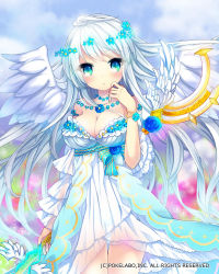 Rule 34 | 1girl, :o, angel wings, bare shoulders, blush, breasts, character request, cleavage, detached sleeves, green eyes, highres, juke, large breasts, long hair, looking at viewer, see-through, solo, thigh gap, unmei no clan battle, white hair, wings