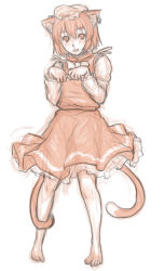 Rule 34 | 1girl, animal ears, barefoot, cat ears, cat tail, chen, dress, earrings, hat, highres, jewelry, kuro suto sukii, limited palette, long sleeves, looking at viewer, mob cap, monochrome, multiple tails, nekomata, paw print, shirt, single earring, sketch, solo, tail, touhou