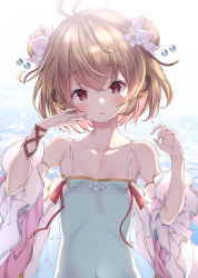 Rule 34 | 1girl, absurdres, ahoge, andira (granblue fantasy), animal ears, blue one-piece swimsuit, blush, brown hair, clothing request, commentary request, double bun, flower, granblue fantasy, hair bun, hair flower, hair ornament, hand on own cheek, hand on own face, hands up, highres, looking at viewer, monkey ears, ocean, one-piece swimsuit, parted lips, red eyes, short hair, solo, standing, swimsuit, ukiwakisen, upper body, water