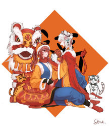 Rule 34 | :d, alternate costume, alternate hairstyle, animal hands, baggy pants, bai yuxiu, bow, bowtie, chinese clothes, chinese new year, chinese zodiac, closed eyes, feng ling&#039;er, feng ling yu xiu, fur trim, hanfu, holding, kanji, lion dance, looking at another, open mouth, ornament, pants, scarf, signature, sitting, smile, strelitzia668, tiger, white background, white hair, white tiger, wide sleeves, year of the tiger, yuri