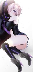 Rule 34 | 1girl, ass, blush, breasts, clothing cutout, fate/grand order, fate (series), female focus, gradient background, high heels, highres, leaning on object, legs, lying, mash kyrielight, navel, navel cutout, pink hair, purple eyes, shield, sino (sionori), solo, thighs, white background