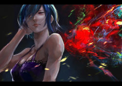 Rule 34 | 1girl, absurdres, alternate hair color, bare arms, bare shoulders, black background, blue hair, bra, breasts, closed mouth, colorful, crying, hair between eyes, highres, kagune (tokyo ghoul), kirishima touka, kyuuba melo, letterboxed, medium breasts, multicolored background, official style, purple bra, red eyes, red lips, short hair, tears, tokyo ghoul, underwear