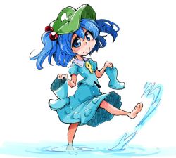 Rule 34 | 1girl, barefoot, blue eyes, blue footwear, blue hair, boots, unworn boots, hair bobbles, hair ornament, hat, holding, holding shoes, kawashiro nitori, key, matching hair/eyes, rubber boots, shinapuu, shoes, short hair, simple background, skirt, smile, solo, splashing, touhou, twintails, two side up, wading, water
