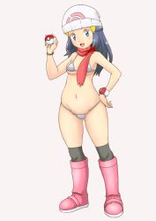 Rule 34 | 1girl, :d, beanie, bikini, black thighhighs, blue eyes, blue hair, boots, bracelet, breasts, creatures (company), dawn (pokemon), full body, game freak, gluteal fold, grey background, grey bikini, groin, hair ornament, hairclip, hand on own hip, hat, highres, holding, holding poke ball, jewelry, knee boots, long hair, looking at viewer, micro bikini, navel, nintendo, open mouth, over-kneehighs, pink footwear, poke ball, poke ball (basic), poke ball symbol, pokemon, pokemon dppt, print headwear, red scarf, scarf, simple background, small breasts, smile, solo, standing, string bikini, swimsuit, thighhighs, tof, watch, white hat, wristwatch