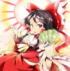 Rule 34 | 1girl, banknote, bow, brown hair, coin, detached sleeves, dollar bill, gold, hair bow, hair tubes, hakurei reimu, jewelry, long hair, money, mouth hold, ring, sinzan, smile, solo, touhou, watch, wristwatch