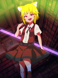 Rule 34 | 1girl, absurdres, animal ear fluff, animal ears, asymmetrical hair, belt, black belt, blonde hair, bow, bowtie, breasts, brown bow, brown bowtie, brown footwear, brown skirt, brown vest, collared shirt, commentary request, cookie (touhou), fang, foot out of frame, fox ears, fox girl, highres, holding, indoors, library, looking at viewer, miramikaru riran, nickel 0114, open mouth, raised eyebrows, red eyes, shirt, shoes, short hair, short sleeves, skirt, small breasts, smile, smug, socks, solo, vest, white shirt, white socks