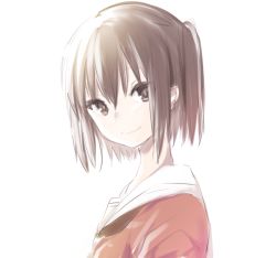 Rule 34 | 10s, 1girl, brown eyes, brown hair, closed mouth, eyebrows, from side, hair between eyes, ica, kantai collection, looking at viewer, portrait, school uniform, sendai (kancolle), serafuku, short hair, simple background, smile, solo, two side up, white background