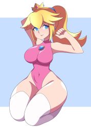 Rule 34 | 1girl, absurdres, abysswatchers, arm behind head, armpits, ass, blonde hair, blue eyes, breasts, covered navel, highres, huge ass, kneeling, large breasts, leotard, mario (series), nintendo, parted lips, ponytail, princess, princess peach, smile, super mario bros. 1, thick thighs, thighs, wide hips