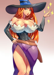 Rule 34 | 1girl, absurdres, bare shoulders, breasts, brown eyes, cleavage, dragon&#039;s crown, hat, highres, large breasts, long hair, red hair, sorceress (dragon&#039;s crown), witch hat, xdtopsu01