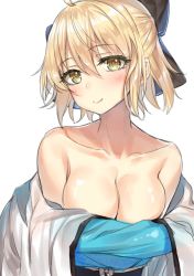 Rule 34 | 1girl, bare shoulders, black bow, blonde hair, blush, bow, breasts, cleavage, collarbone, fate/grand order, fate (series), hair between eyes, hair bow, hakuishi aoi, looking at viewer, medium breasts, okita souji (fate), okita souji (koha-ace), short hair, simple background, smile, solo, upper body, white background, yellow eyes