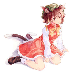 Rule 34 | 1girl, animal ear fluff, animal ears, arm support, between legs, black footwear, bow, bowtie, brown eyes, brown hair, cat ears, cat tail, chen, clenched hand, closed mouth, commentary, dress, earrings, frilled dress, frilled sleeves, frills, full body, green hat, hand between legs, hat, highres, jewelry, loafers, long sleeves, looking at viewer, looking to the side, mob cap, multiple tails, nekomata, red dress, shirt, shoes, short hair, sideways glance, simple background, single earring, sitting, socks, solo, tail, tamiku (shisyamo609), touhou, two tails, wariza, white background, white shirt, white socks, yellow bow, yellow bowtie, yokozuwari