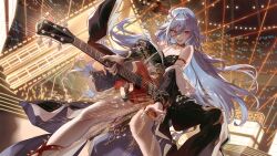 Rule 34 | 1girl, bare shoulders, earrings, feet out of frame, fu hua, fu hua (herrscher of sentience), grey hair, guitar, hair between eyes, highres, holding, holding instrument, honkai (series), honkai impact 3rd, indoors, instrument, jewelry, long hair, looking at viewer, open mouth, salmon88, solo, teeth, upper teeth only, very long hair