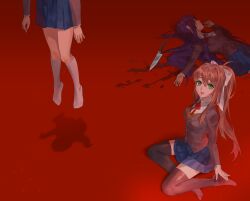 Rule 34 | 3girls, absurdres, arms at sides, black thighhighs, blazer, blood, blood splatter, blue skirt, bow, breasts, brown hair, brown jacket, brown vest, buttons, closed eyes, collared shirt, commentary, curled fingers, death, doki doki literature club, english commentary, eyebrows hidden by hair, facing viewer, feet out of frame, full body, green eyes, hair between eyes, hair bow, hair intakes, hair over shoulder, hair spread out, hand up, hanged, head out of frame, highres, implied murder, jacket, jyuma, kneehighs, knees together feet apart, knife, lapels, light particles, light smile, long hair, long sleeves, looking at viewer, lying, medium breasts, monika (doki doki literature club), multiple girls, neck ribbon, no shoes, notched lapels, on back, open hand, open hands, outstretched arm, parted lips, pleated skirt, ponytail, purple hair, red background, red lips, red ribbon, ribbon, sayori (doki doki literature club), school uniform, shadow, shirt, sitting, skirt, sleeves past wrists, smile, socks, spoilers, thighhighs, very long hair, vest, white bow, white shirt, white socks, yokozuwari, yuri (doki doki literature club), zettai ryouiki