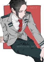Rule 34 | 1boy, arm support, artist name, black hair, boku no hero academia, buttons, closed mouth, collared shirt, commentary, genderswap, genderswap (ftm), green pants, grey jacket, hand on own knee, highres, jacket, long sleeves, looking to the side, male focus, mantos no.7, necktie, pants, red background, red necktie, school uniform, shirt, short hair, sketch, smile, solo, thai commentary, u.a. school uniform, watermark, white background, white shirt, yaoyorozu momo