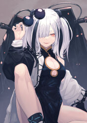 Rule 34 | 1girl, ab (cat921), absurdres, animal ears, arknights, arm up, black dress, black hair, black jacket, chinese clothes, cleavage cutout, clothing cutout, dress, fang, feater (arknights), grey background, hair over one eye, highres, infection monitor (arknights), jacket, looking at viewer, mechanical arms, medium hair, multicolored clothes, multicolored hair, multicolored jacket, off shoulder, open clothes, open jacket, open mouth, orange eyes, panda ears, panda girl, pelvic curtain, short twintails, sidelocks, simple background, single bare shoulder, skin fang, streaked hair, sunglasses, twintails, two-tone jacket, unworn eyewear, white hair, white jacket