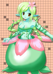 Rule 34 | blush, breasts, cleavage, colored skin, flower, green hair, green skin, monster girl, plant girl, pointy ears, smile