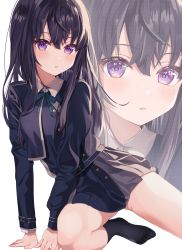 Rule 34 | 1girl, :o, absurdres, black hair, black socks, breasts, feet, hand on ground, highres, inoue takina, legs, long hair, looking at viewer, lycoris recoil, lycoris uniform, medium breasts, no shoes, on one knee, open mouth, purple eyes, socks, solo, thighs, uniform