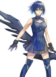 Rule 34 | 1girl, bare shoulders, black gloves, black skirt, blue dress, blue eyes, blue hair, blue thighhighs, breasts, ciel (tsukihime), cleavage cutout, closed mouth, clothing cutout, commentary, dress, floating hair, flyby64, gloves, hair between eyes, highres, holding, holding sword, holding weapon, looking at viewer, medium breasts, miniskirt, pleated skirt, powered ciel, serious, short hair, simple background, skirt, sleeveless, sleeveless dress, solo, sword, thighhighs, tsukihime, tsukihime (remake), weapon, white background