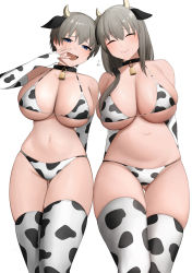 Rule 34 | 2girls, animal ears, animal print, bell, bikini, breasts, closed eyes, collar, cow ears, cow horns, cow print, cow print bikini, cowbell, curvy, elbow gloves, flying sweatdrops, gloves, gluteal fold, grey hair, hand up, highres, horns, large breasts, long hair, mature female, micro bikini, mother and daughter, multiple girls, navel, neck bell, open mouth, print bikini, raised eyebrows, senju (snz0), short hair, side-by-side, simple background, skindentation, stomach, swimsuit, thigh gap, thighhighs, uzaki-chan wa asobitai!, uzaki hana, uzaki tsuki, white background