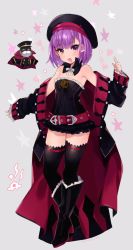 Rule 34 | 1girl, bare shoulders, belt, black dress, black footwear, black thighhighs, boots, coat, detached collar, dress, fate/grand order, fate (series), frills, full body, grey background, hat, heart, helena blavatsky (fate), helena blavatsky (third ascension) (fate), knee boots, looking at viewer, miyako (xxxbibit), off shoulder, open mouth, purple eyes, purple hair, ribbon, short dress, short hair, simple background, sleeveless, sleeveless dress, smile, solo, strapless, strapless dress, thighhighs, zettai ryouiki