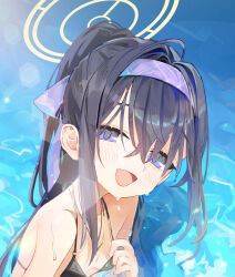 Rule 34 | 1girl, :d, absurdres, bare shoulders, bikini, black bikini, black hair, blue archive, blue eyes, blush, breasts, day, h1ran0o0, hair between eyes, hairband, halo, highres, looking to the side, low twintails, open mouth, outdoors, ponytail, purple hairband, small breasts, smile, solo, swimsuit, twintails, ui (blue archive), ui (swimsuit) (blue archive), upper body, water