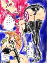 Rule 34 | 2girls, ass, baccarat (one piece), breasts, cleavage, curvy, from behind, gmotida, huge ass, huge breasts, large breasts, leather, multiple boys, multiple girls, nami (one piece), one piece, orange hair, pink hair, tattoo, thick thighs, thighs, underwear, wide hips