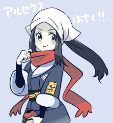Rule 34 | 1girl, akari (pokemon), blue background, closed mouth, creatures (company), dot nose, eyelashes, galaxy expedition team survey corps uniform, game freak, holding, holding poke ball, long sleeves, nintendo, poke ball, poke ball (legends), pokemon, pokemon legends: arceus, red scarf, scarf, seven (harida), sidelocks, smile, solo, translation request