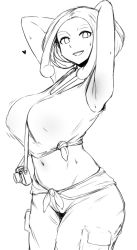 1girl, :d, armpits, arms behind head, between breasts, bouncing breasts, breasts, camera, cargo pants, cleavage, clothes around waist, collarbone, cowboy shot, creatures (company), erect nipples, eyelashes, forehead, from side, game freak, groin, gym leader, heart, large breasts, looking at viewer, midriff, monochrome, navel, nintendo, open mouth, pants, pocket, pokemon, pokemon (game), pokemon xy, roresu, short hair, side-tie shirt, simple background, single-lens reflex camera, sketch, sleeveless, smile, solo, strap, strap between breasts, sweat, tank top, thick eyebrows, viola (pokemon), white background